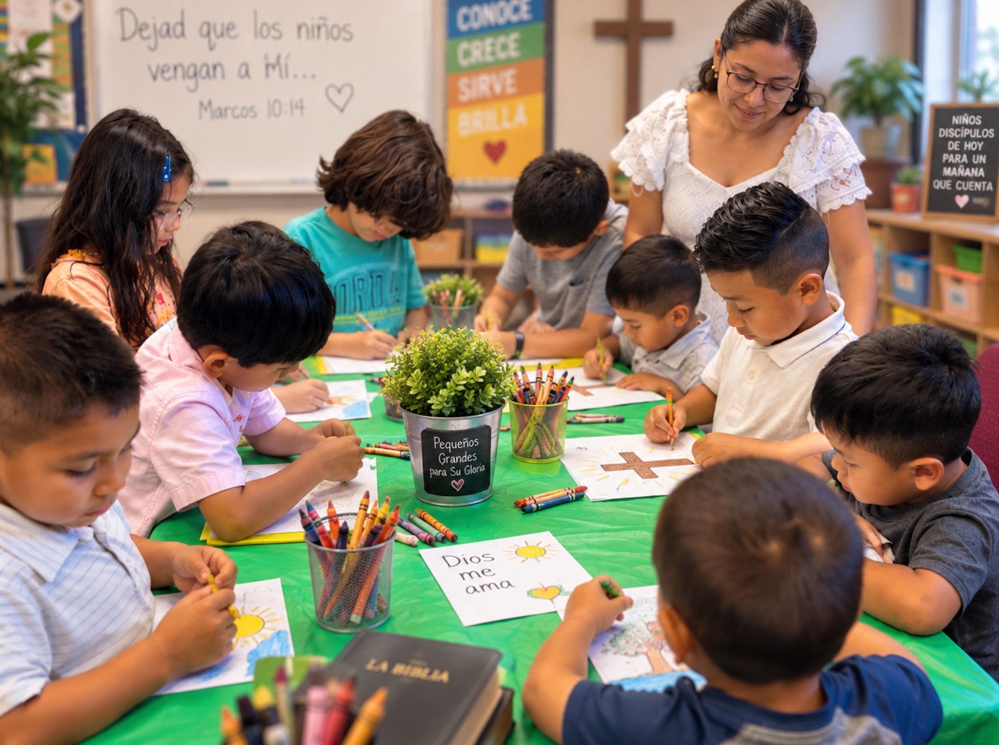 Niños en una clase del ministerio infantil coloreando durante el servicio