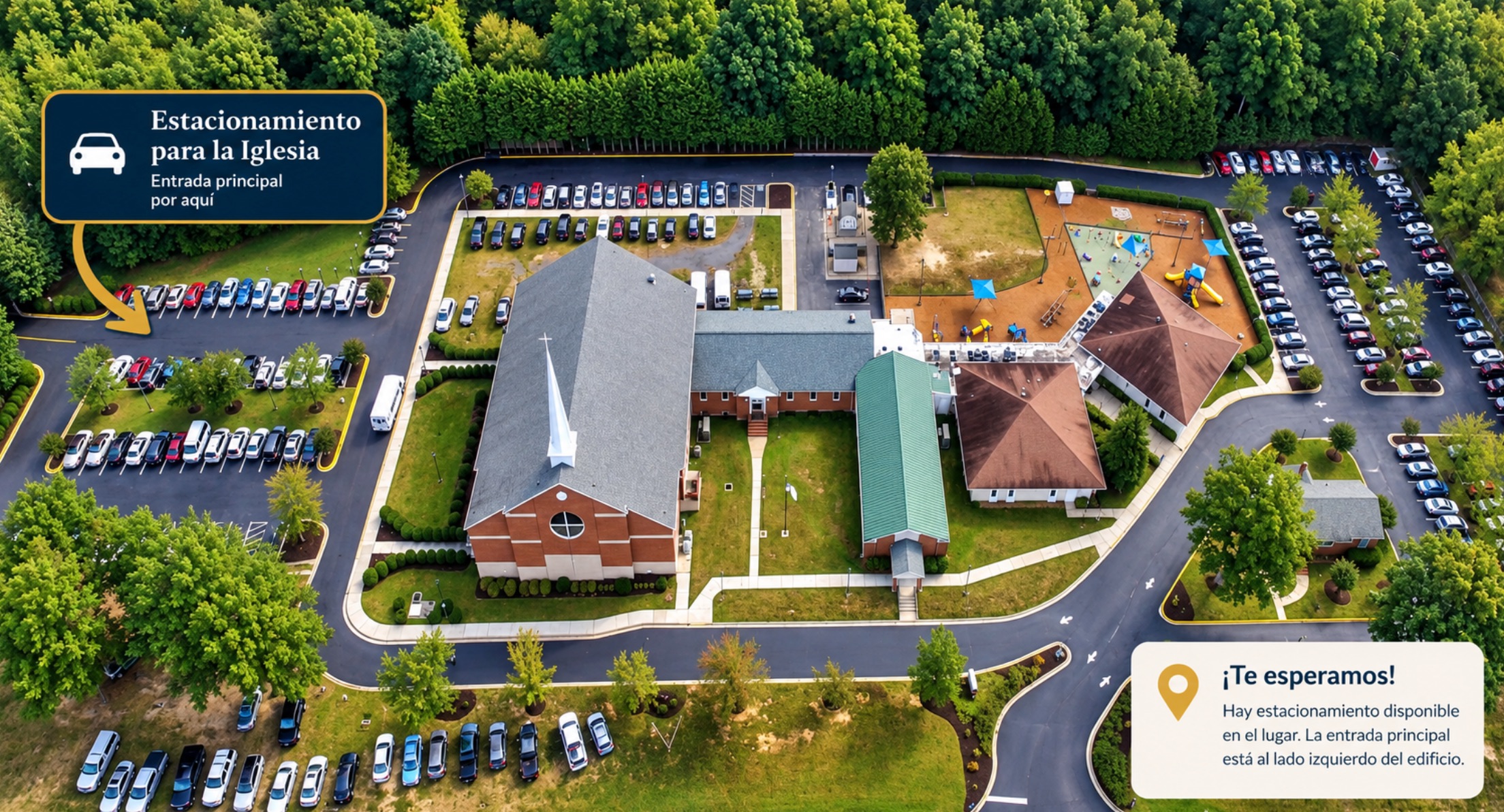 Vista aérea de la propiedad de la iglesia que señala el estacionamiento y la entrada principal